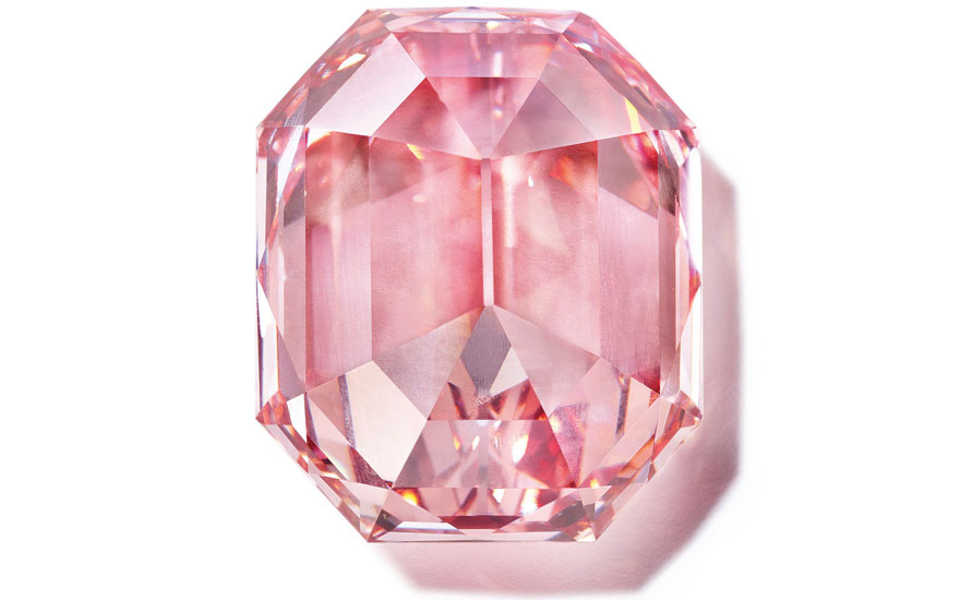 A fancy vivid pink cut-cornered rectangular-cut diamond.