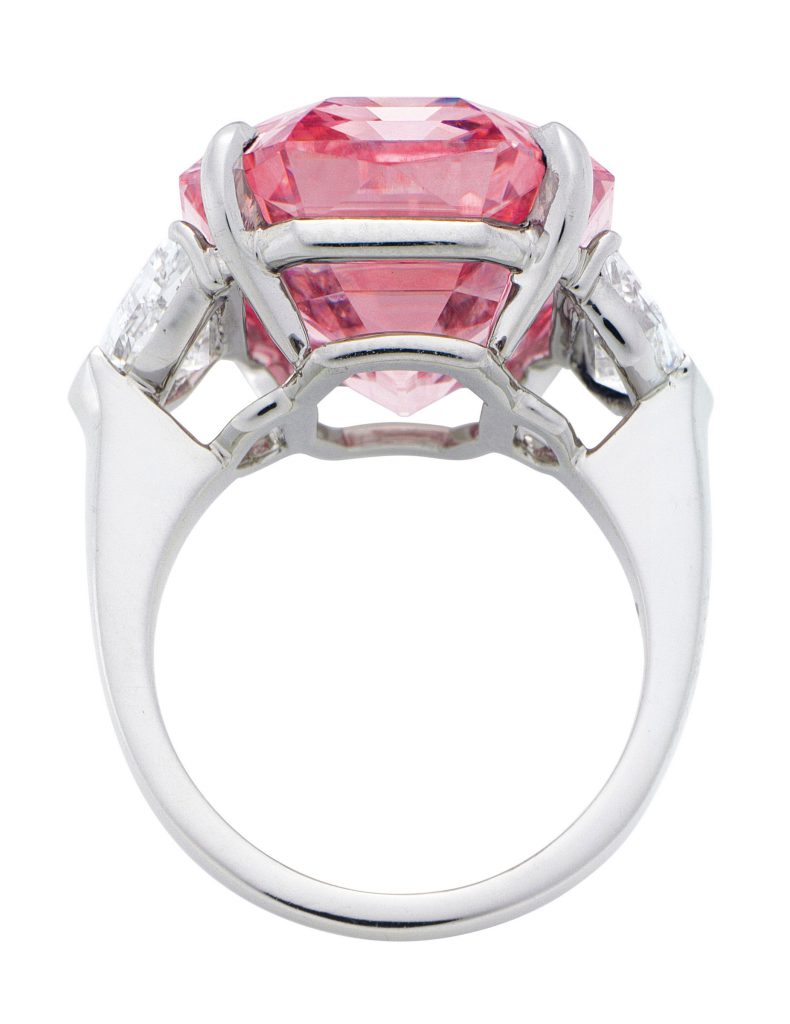 The Pink Legacy diamond in a ring.