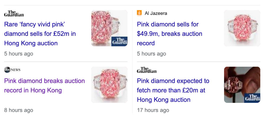 A selection of news headlines covering pink diamond sale in Hong Kong.