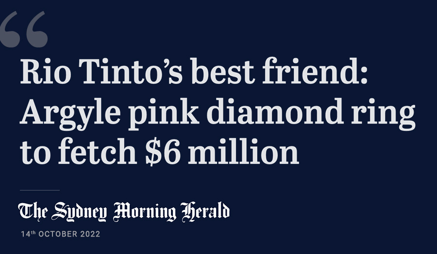 Headline from Sydney Morning Herald saying 'Rio Tinto's best friend: Argyle pink diamond ring to fetch $6 million'.