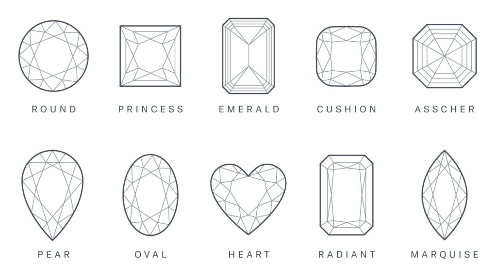 Illustrations of different diamond shapes. From left to right: Round, Princess, Emerald, Cushion, Asscher, Pear, Oval, Heart, Radiant and Marquise.